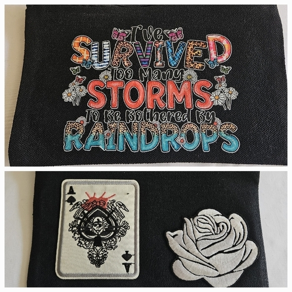 Hand Crafted Black Canvas Cosmetic Bag Pencil case Iron transfer Floral design - Picture 15 of 17